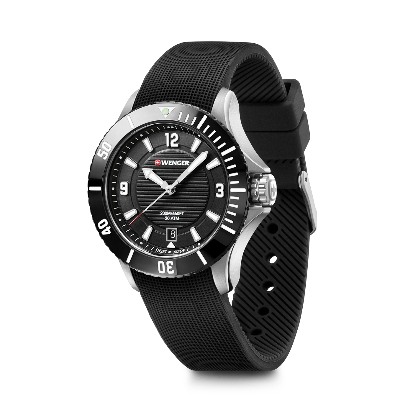 Wenger Uhr, schwarz, silber, 20 ATM, Datum, 12, 3, 9, 40, 50, Swiss Made