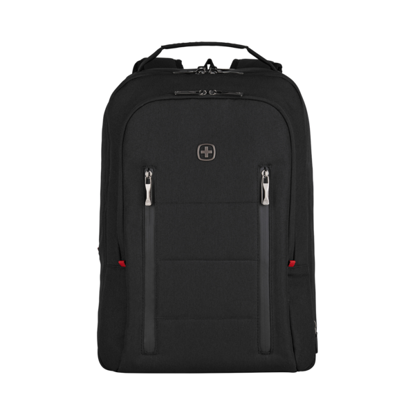 Schwarzer Rucksack mit Reißverschlüssen und Logo auf schwarzem Hintergrund.