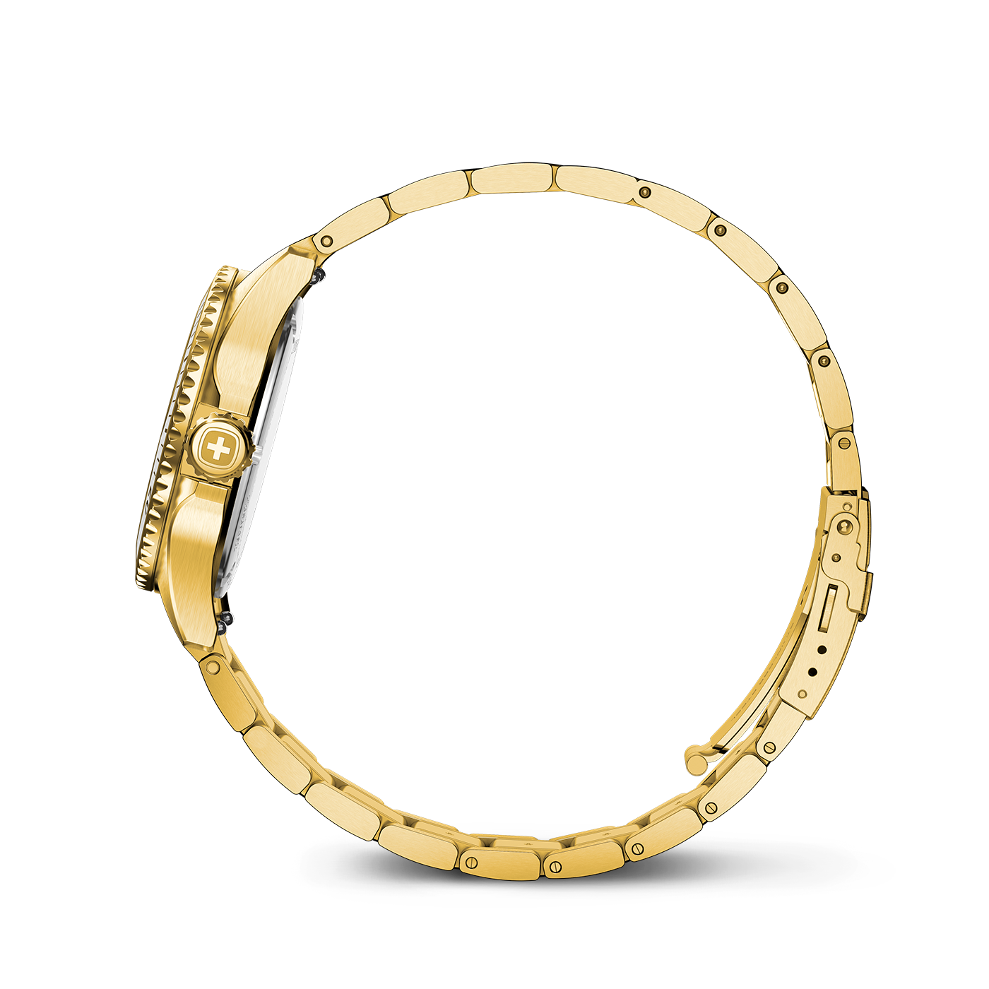 Goldene Armbanduhr mit Schweizer Kreuz auf dem Zifferblatt