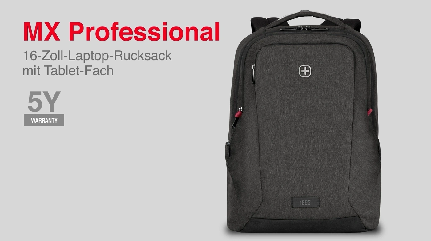 Schwarzer Rucksack mit roter Akzentfarbe, 5 Jahre Garantie, MX Professional.